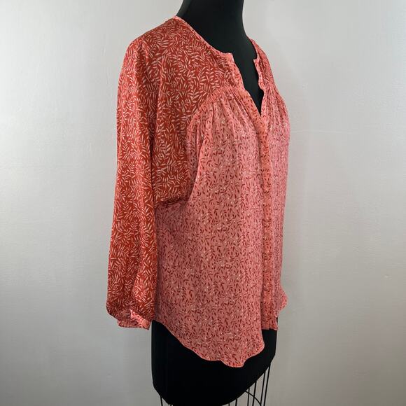 JOIE Javeth Cinnamon Silk Blouse Pink Orange Leaf Print V-Neck 3/4 Sleeve Top S - Picture 2 of 7